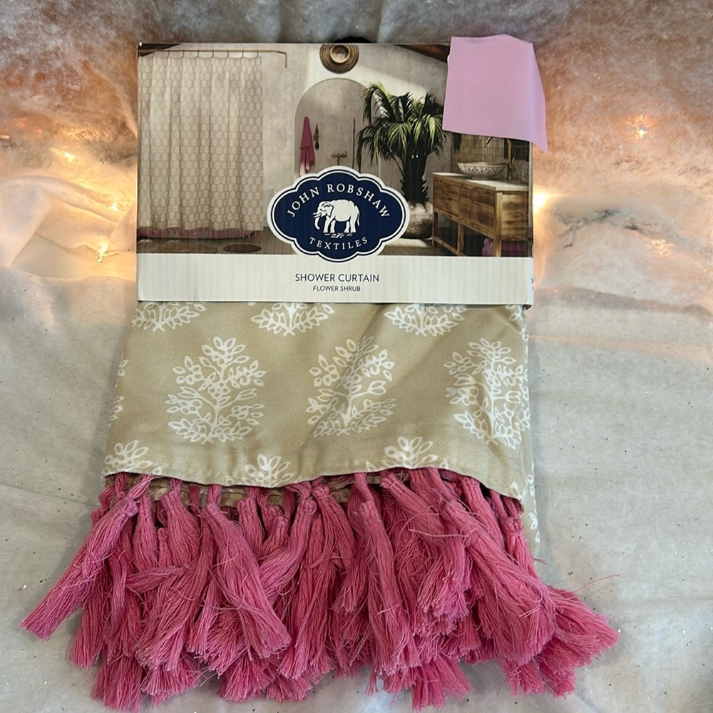 New John Robshaw Textiles Flower Shrub Pink/Tan/White Shower Curtain 72"x72"